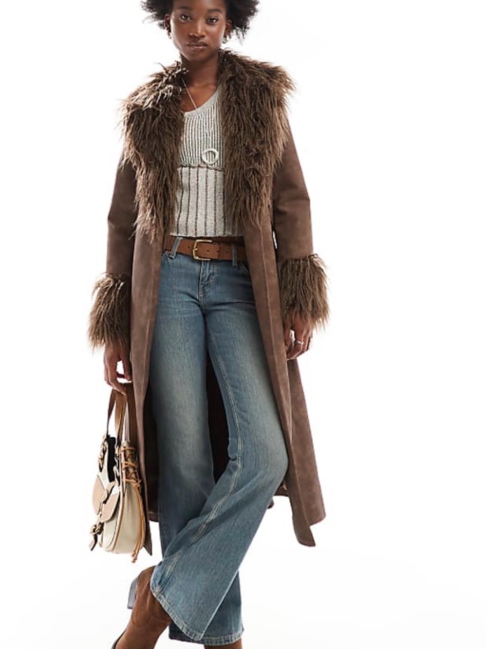 Reclaimed Vintage Brown Faux-Suede Trench Coat with Faux-Fur Trim - Picture 4 of 10